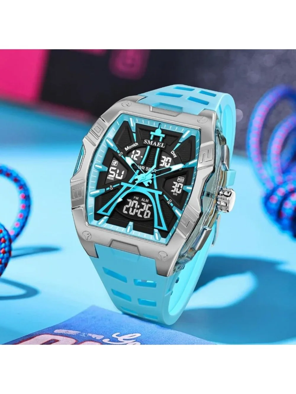 Stylish Waterproof Sports Watch for Men - Dual Display, LED Light, Stopwatch, 6